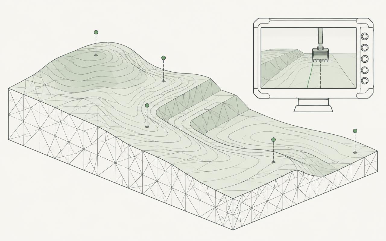 Schematisk illustration av 3D-terrängmodell och maskinunderlag