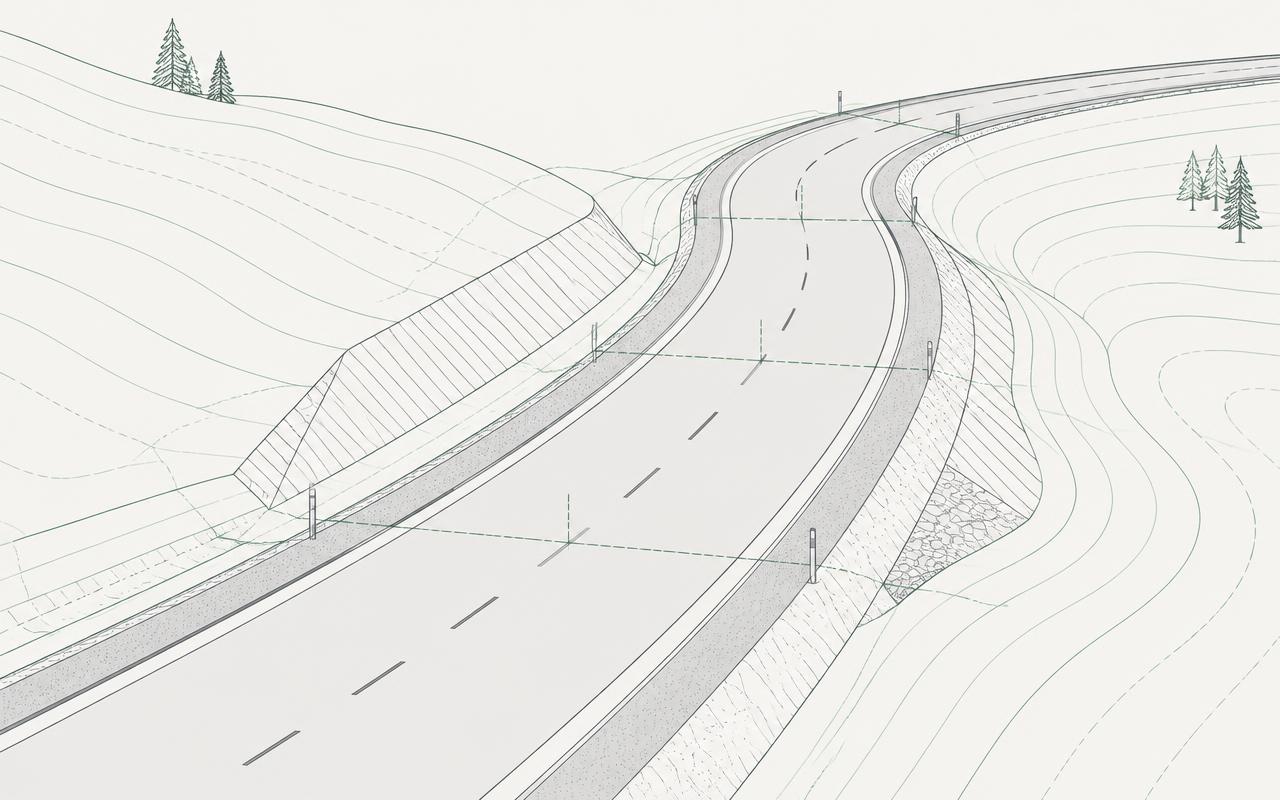 Schematisk illustration av gata och väg med linjeföring och slänter